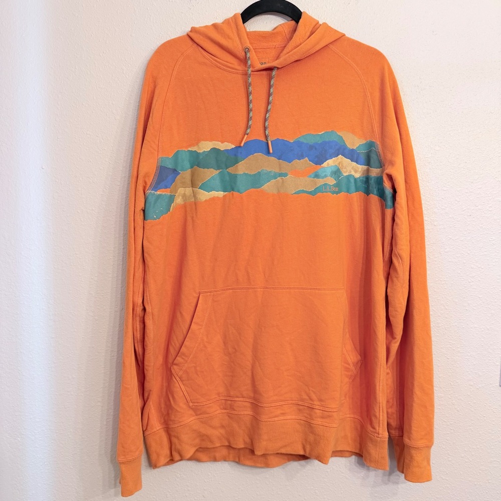 LL Bean Mens Orange Mountain Graphic Hoodie Large Tall 515612 Pullover Fleece